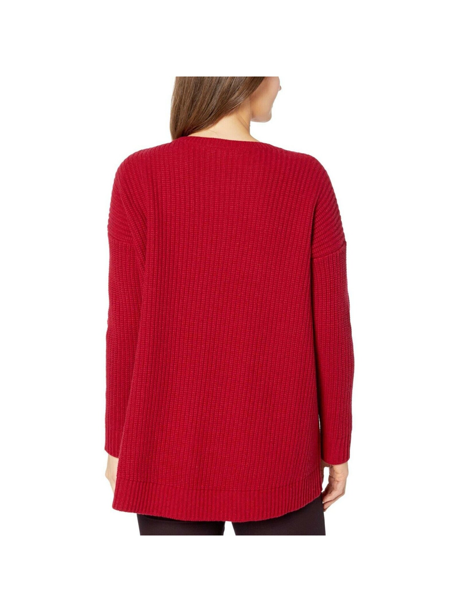 EILEEN FISHER Womens Red Knit Ribbed Textured Long Sleeve Scoop Neck Hi-Lo Sweater Petites PM