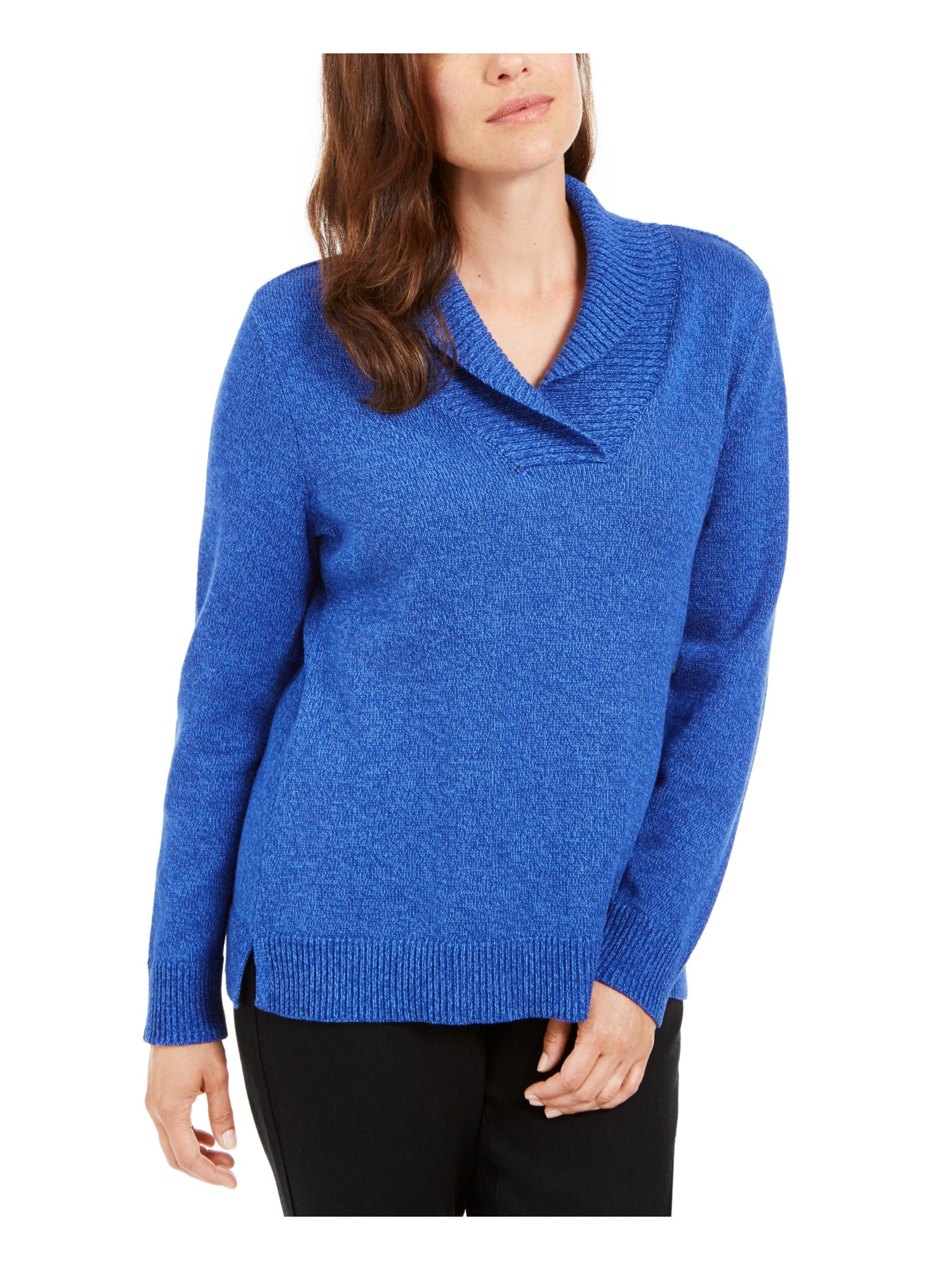 KAREN SCOTT Womens Blue Ribbed Long Sleeve Shawl Collar Sweater Size: XS