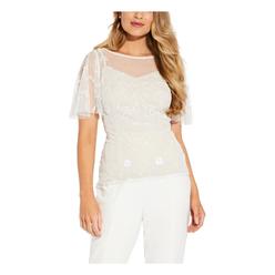 ADRIANNA PAPELL Womens Beige Zippered Beaded Mesh Flutter Sleeve Illusion Neckline Cocktail Top 0