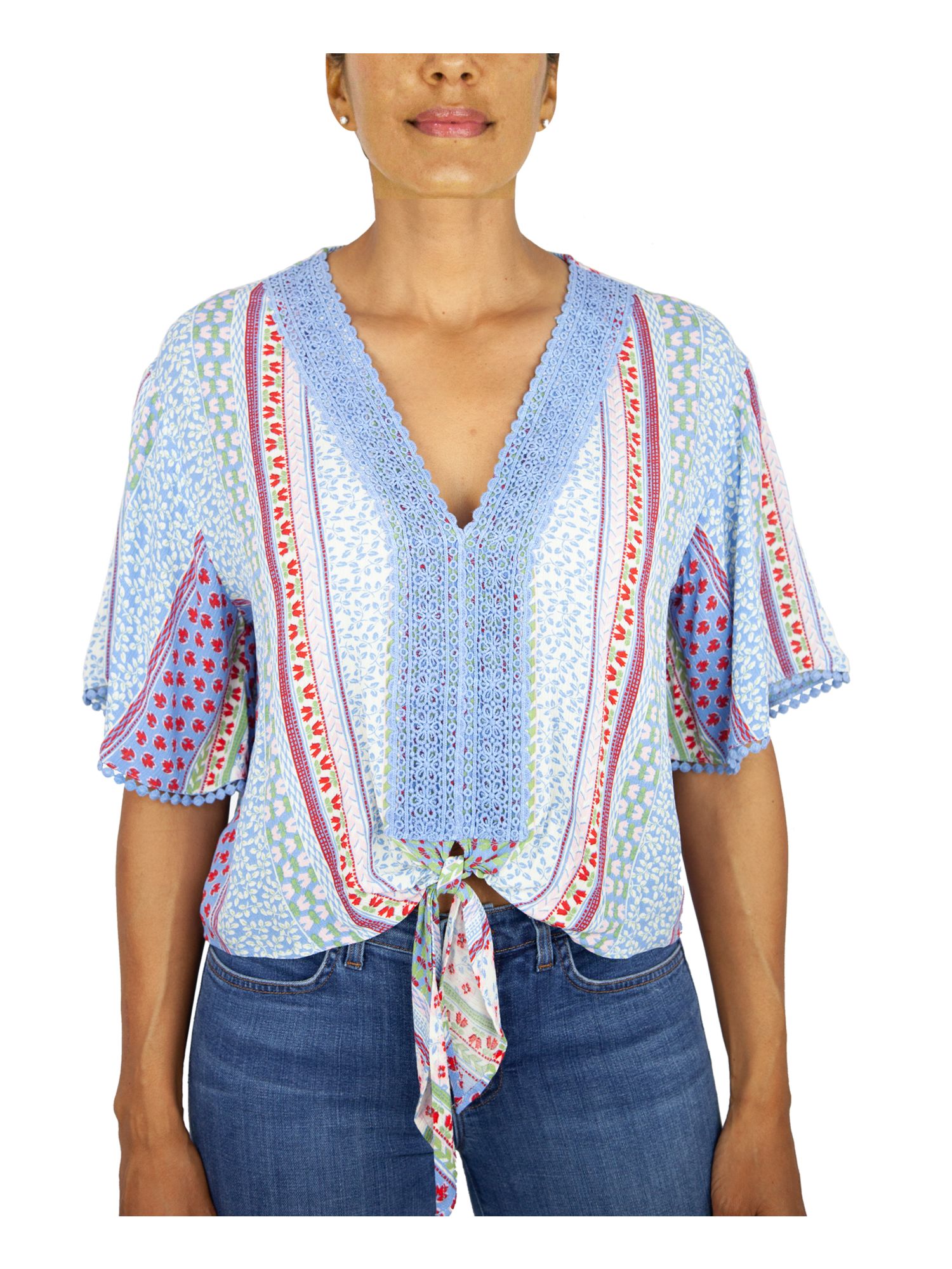 GYPSIES & MOONDUST Womens Light Blue Lace Tie-front Printed Short Sleeve V Neck Top Juniors XS