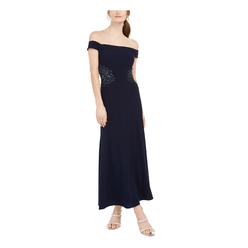 IGNITE EVENINGS Womens Navy Embellished Ruched Off Shoulder Maxi Evening Dress Petites 12P