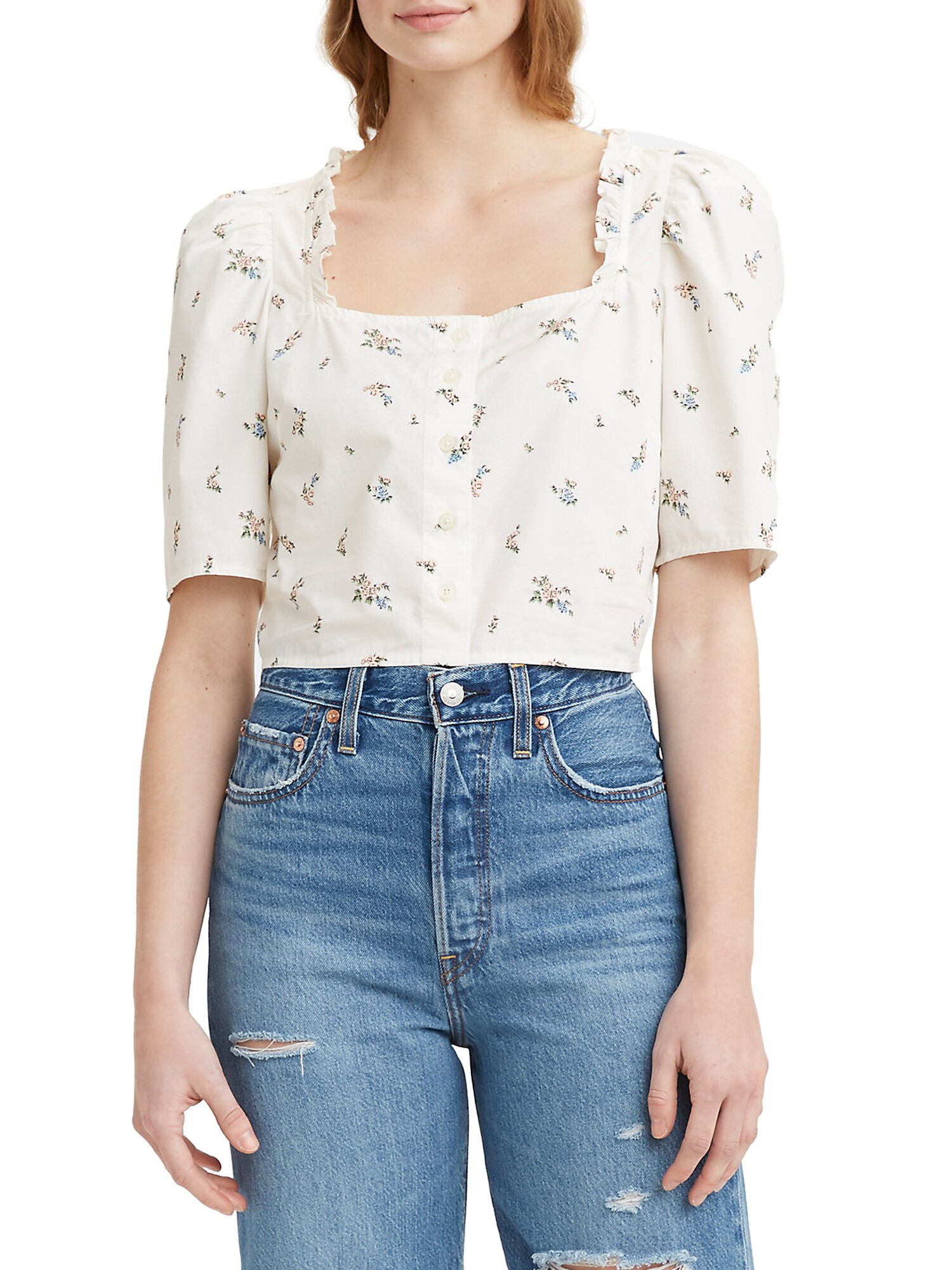 Levi's LEVI'S Womens White Ruffled Crop-hem Elbow-puff-sleeves Printed  Square Neck Blouse M