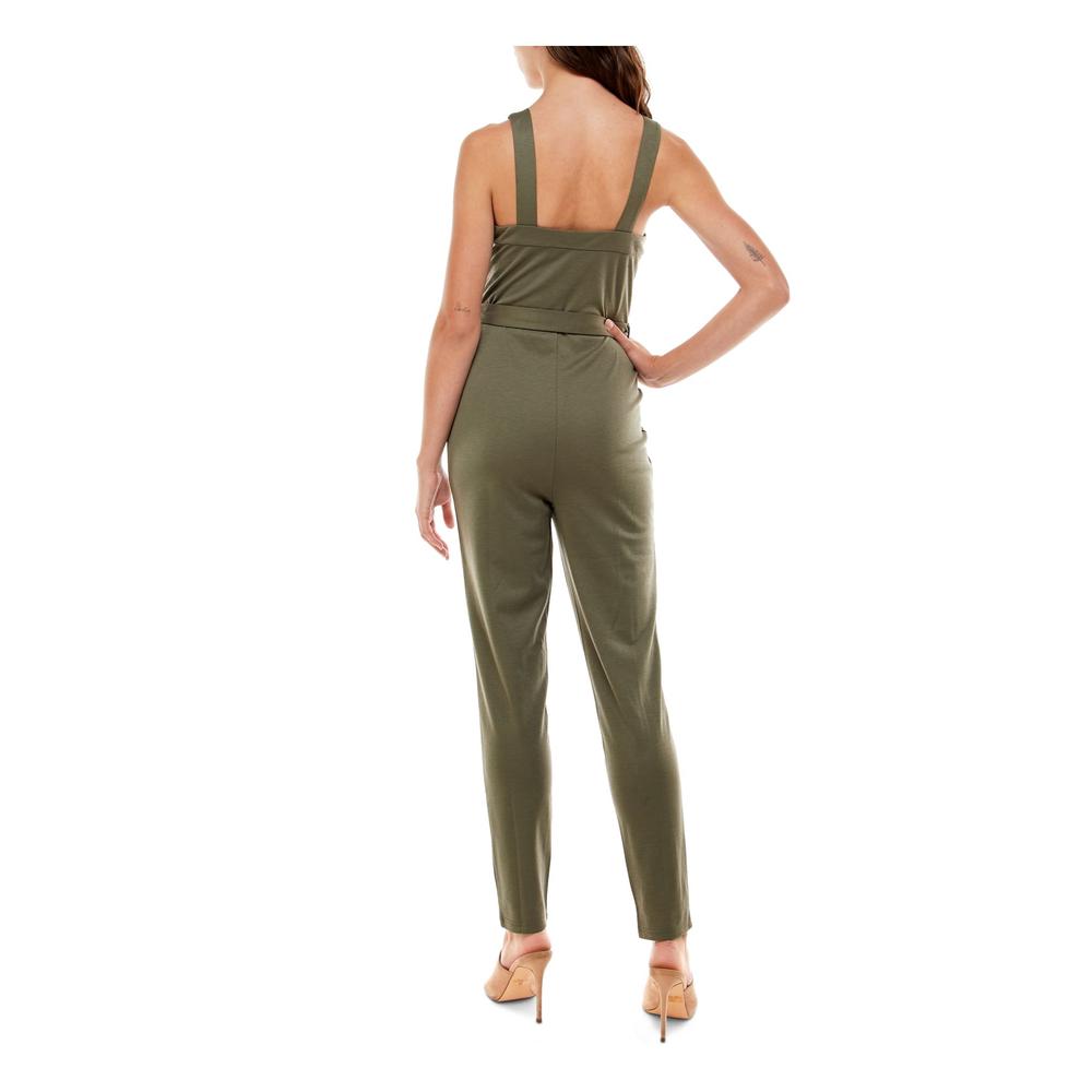 ALMOST FAMOUS Womens Green Belted Zippered Sleeveless Square Neck Skinny Jumpsuit Juniors L