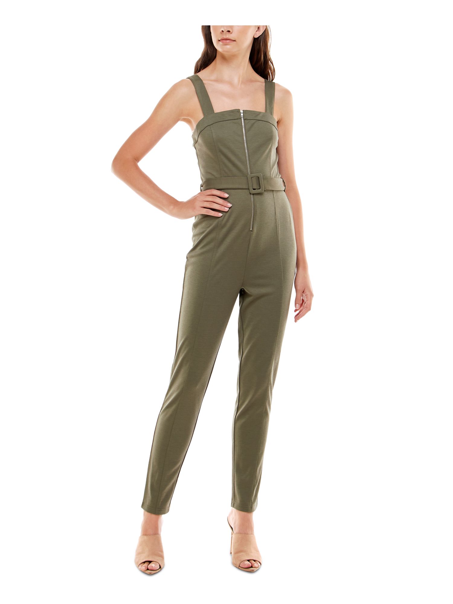 ALMOST FAMOUS Womens Green Belted Zippered Sleeveless Square Neck Skinny Jumpsuit Juniors L