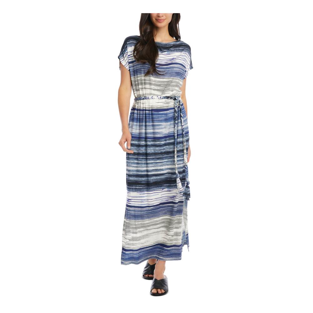KAREN KANE Womens Blue Stretch Slitted Striped Short Sleeve Boat Neck Tea-Length Wear To Work A-Line Dress XS