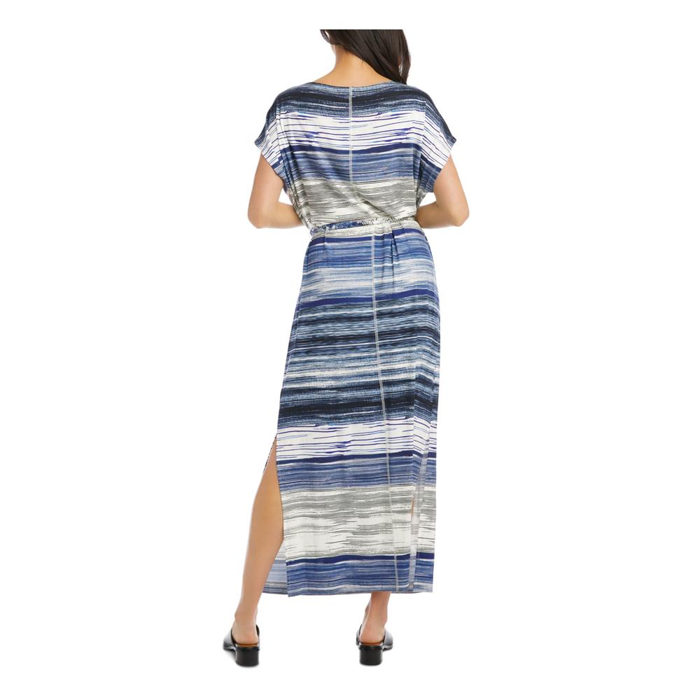 KAREN KANE Womens Blue Stretch Slitted Striped Short Sleeve Boat Neck Tea-Length Wear To Work A-Line Dress XS