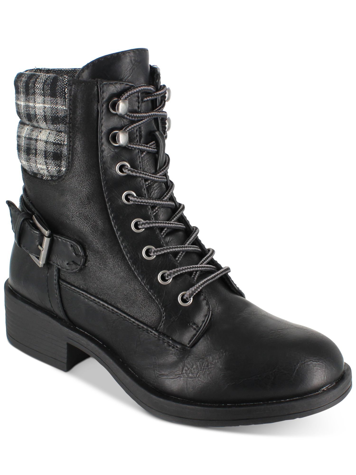 ROCK & CANDY Womens Black Flannel Padded Collar Strap Buckle Accent Cushioned Eyelet Jerrie Round Toe Block Heel Lace-Up Boots 7