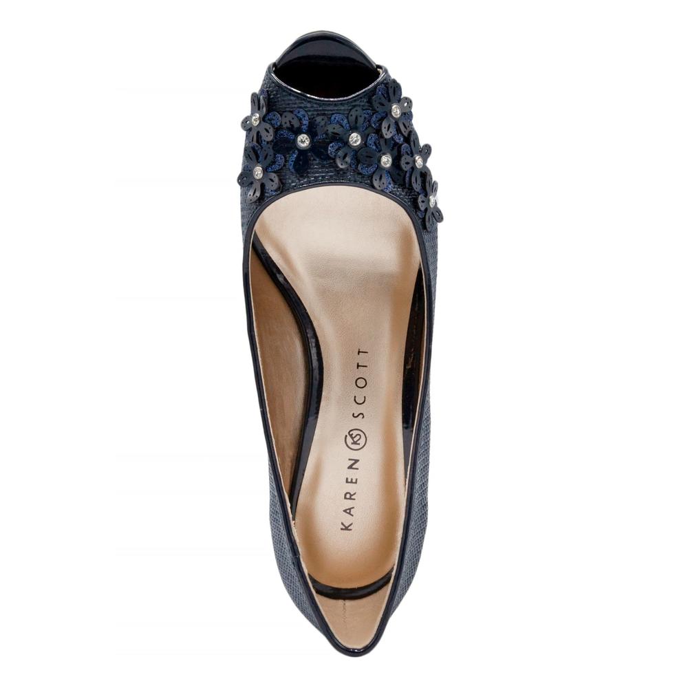 KAREN SCOTT Womens Navy Woven Pattern Floral Accents Comfort Rhinestone Corra Peep Toe Wedge Slip On Sandals Shoes 6 M