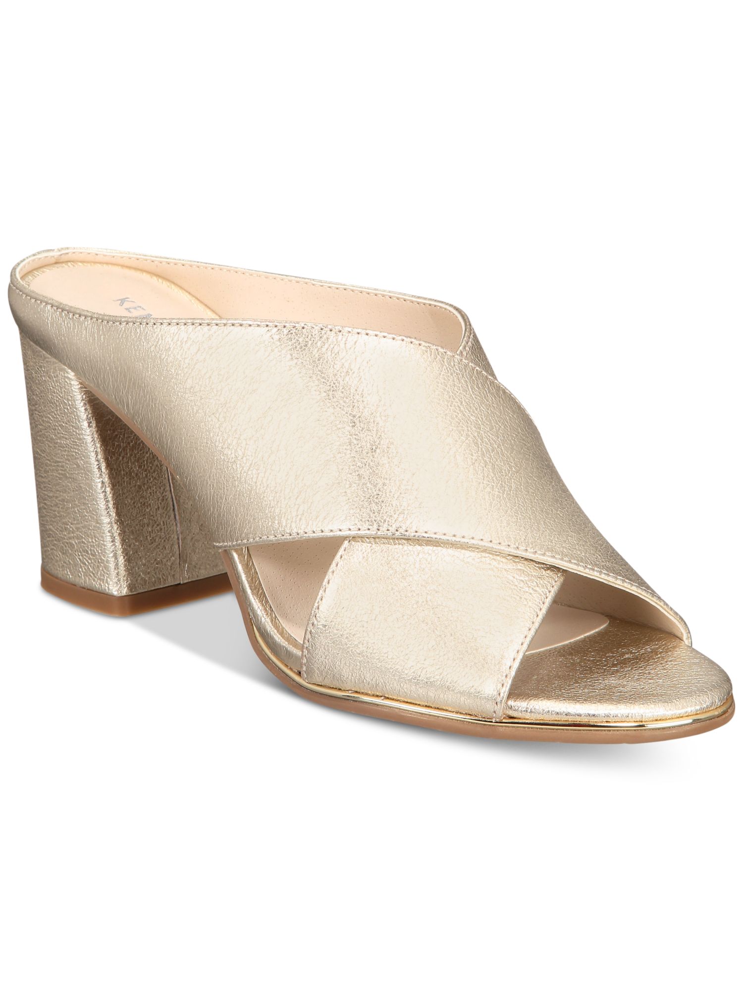 KAS NEW YORK Womens Gold Wide Crisscross Straps Lyra Round Toe Block Heel Slip On Leather Slide Sandals Shoes 6 M