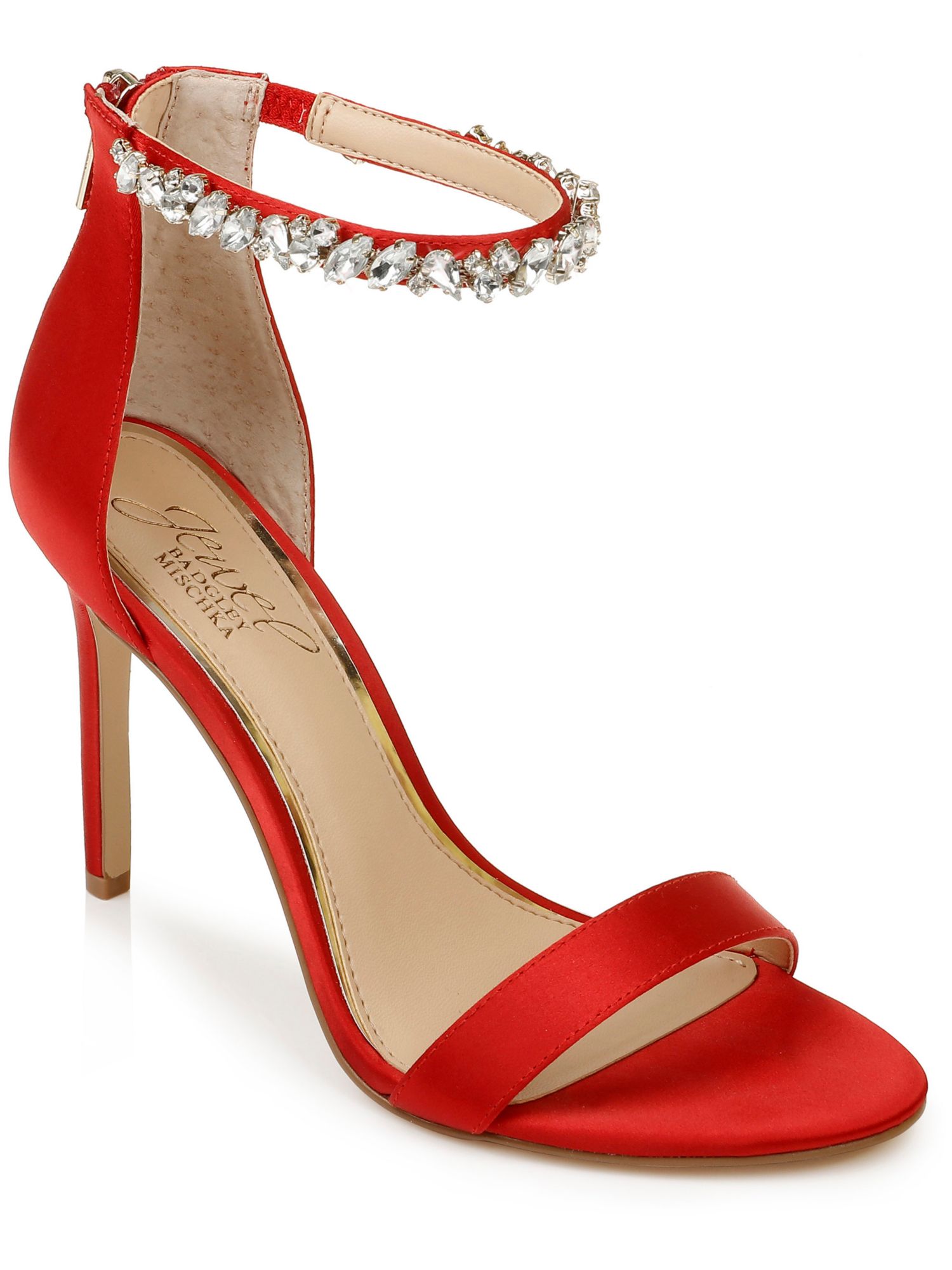 JEWEL BADGLEY MISCHKA Womens Red Ankle Strap Embellished Unique Round Toe Stiletto Zip-Up Dress Sandals 9 M