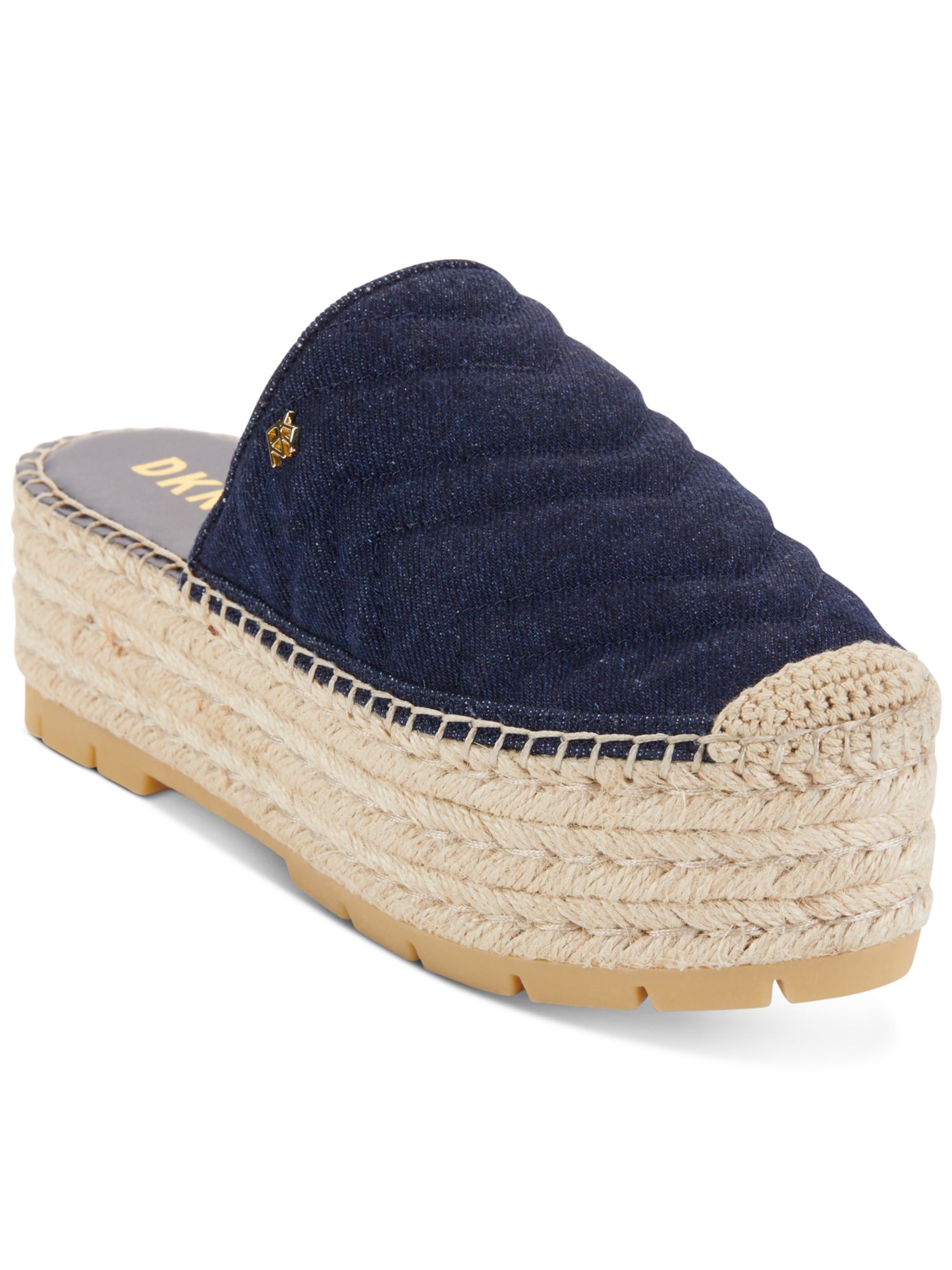 DKNY Womens Blue Quilted Jute Wrapped Cushioned Logo Ricki Round Toe Platform Slip On Mules 5.5