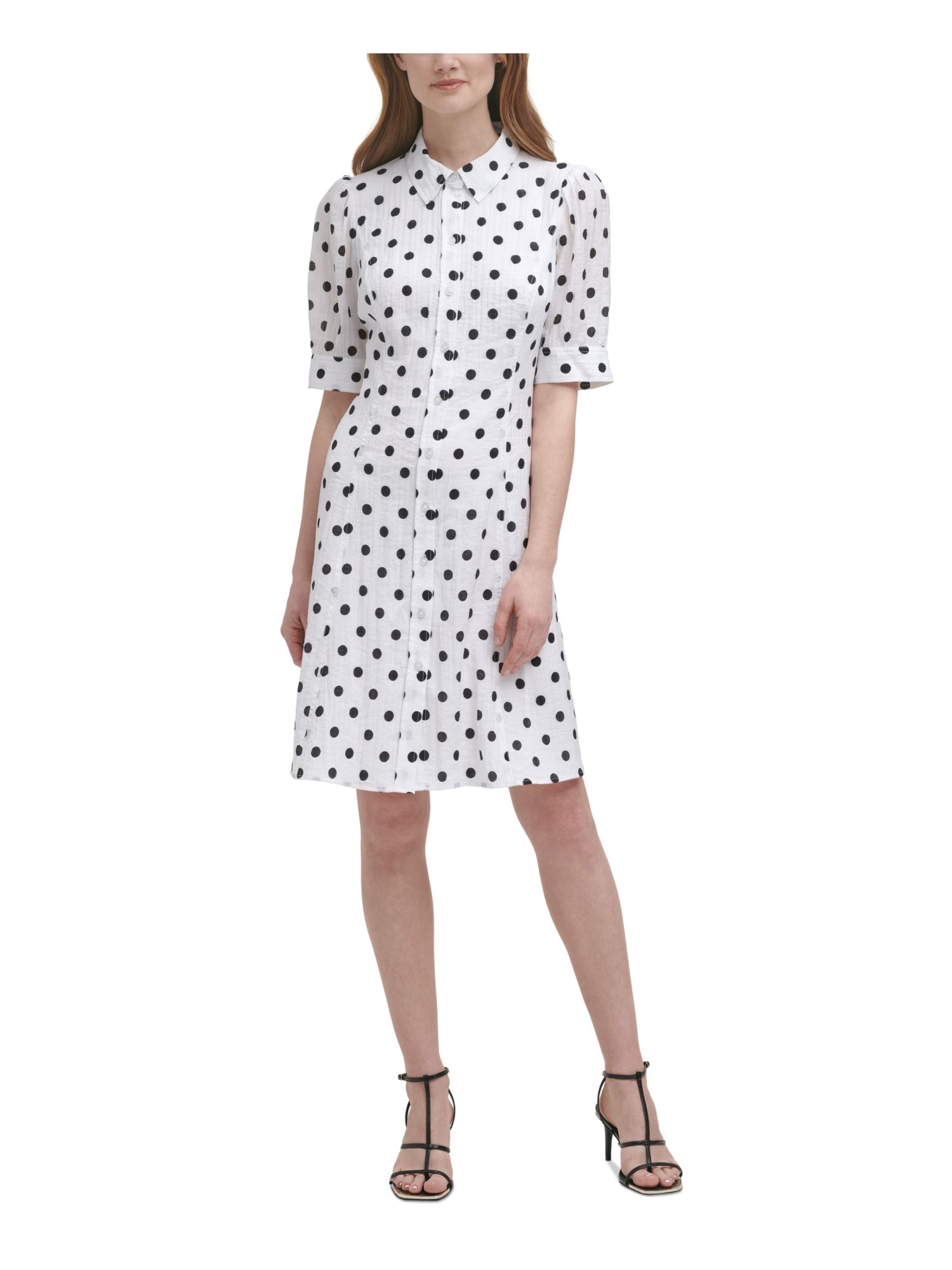 DKNY Womens Ivory Fitted Button Front Lined Polka Dot Elbow Sleeve Collared Above The Knee Wear To Work Shirt Dress 14