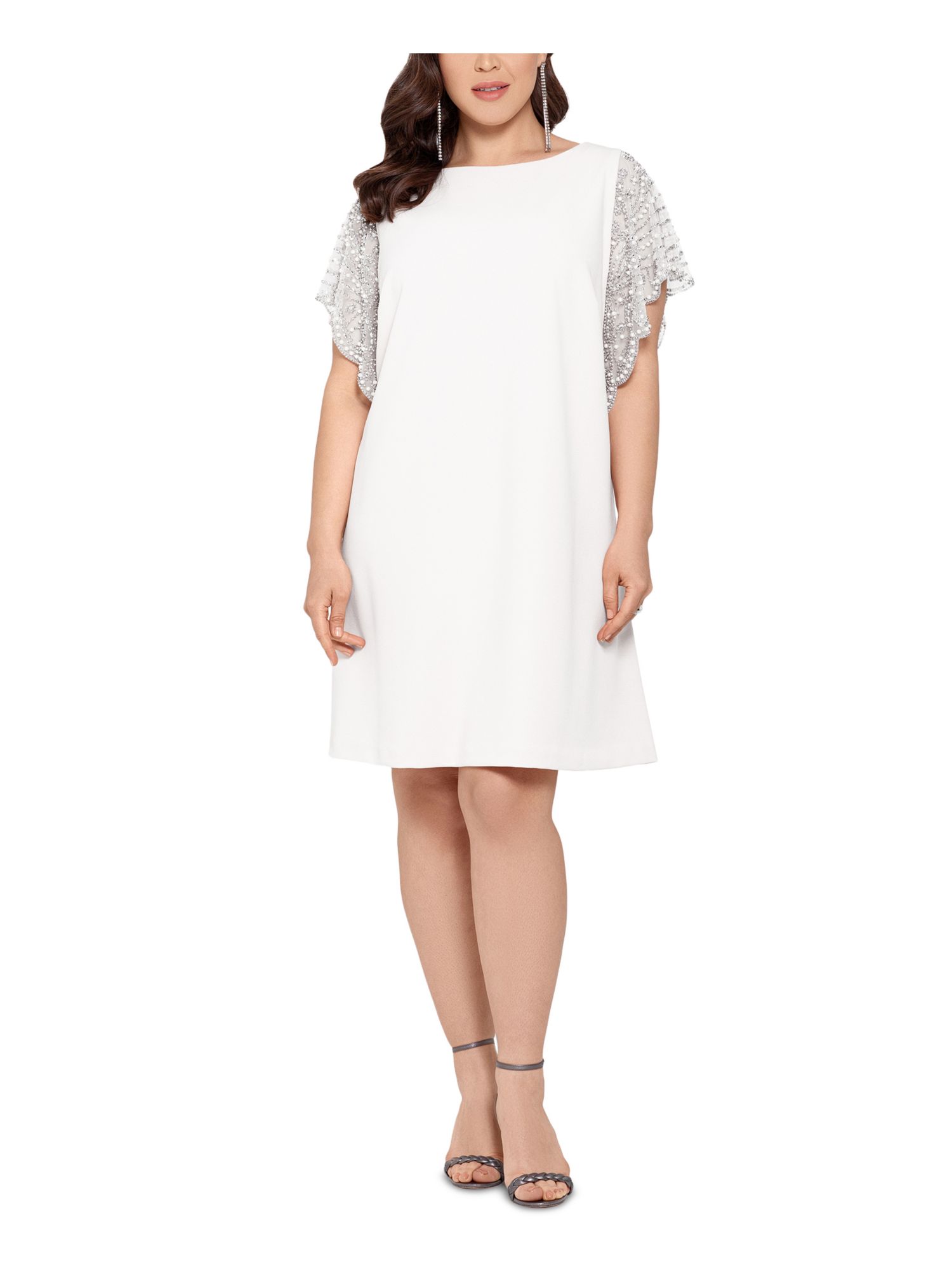 XSCAPE Womens White Stretch Darted Fitted Beaded-sleeve Scuba Crepe Short Sleeve Crew Neck Above The Knee Formal Shift Dress 16W
