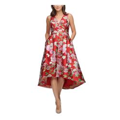 ELIZA J Womens Red Floral V Neck Knee Length Cocktail Hi-Lo Dress Petites 2P