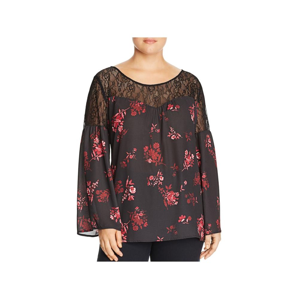 LYSSE Womens Black Stretch Lace Pleated Pulllover Floral Bell Sleeve Scoop Neck Top Plus 1X