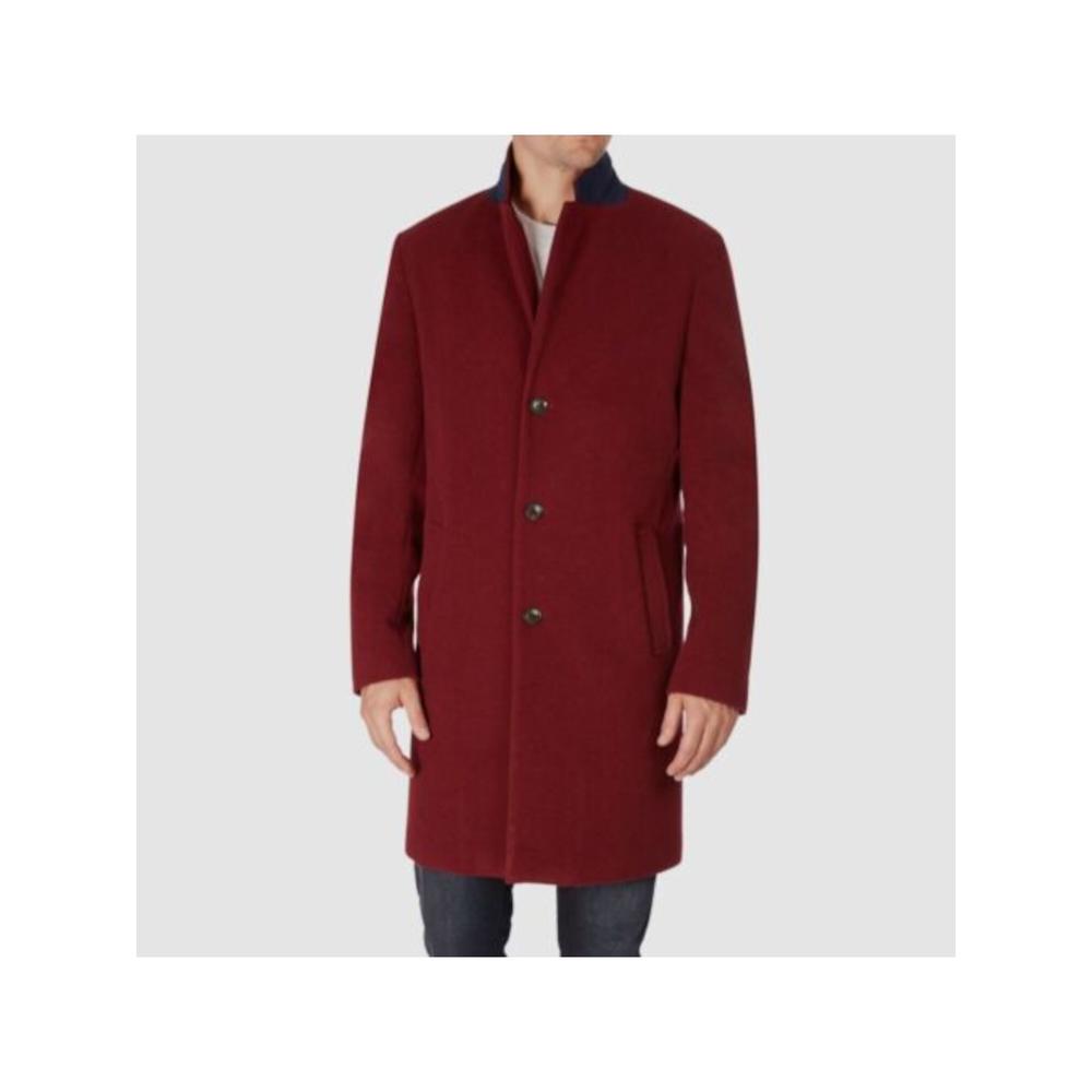 TOMMY HILFIGER Mens Addison Maroon Single Breasted, Wool Blend Overcoat 48R