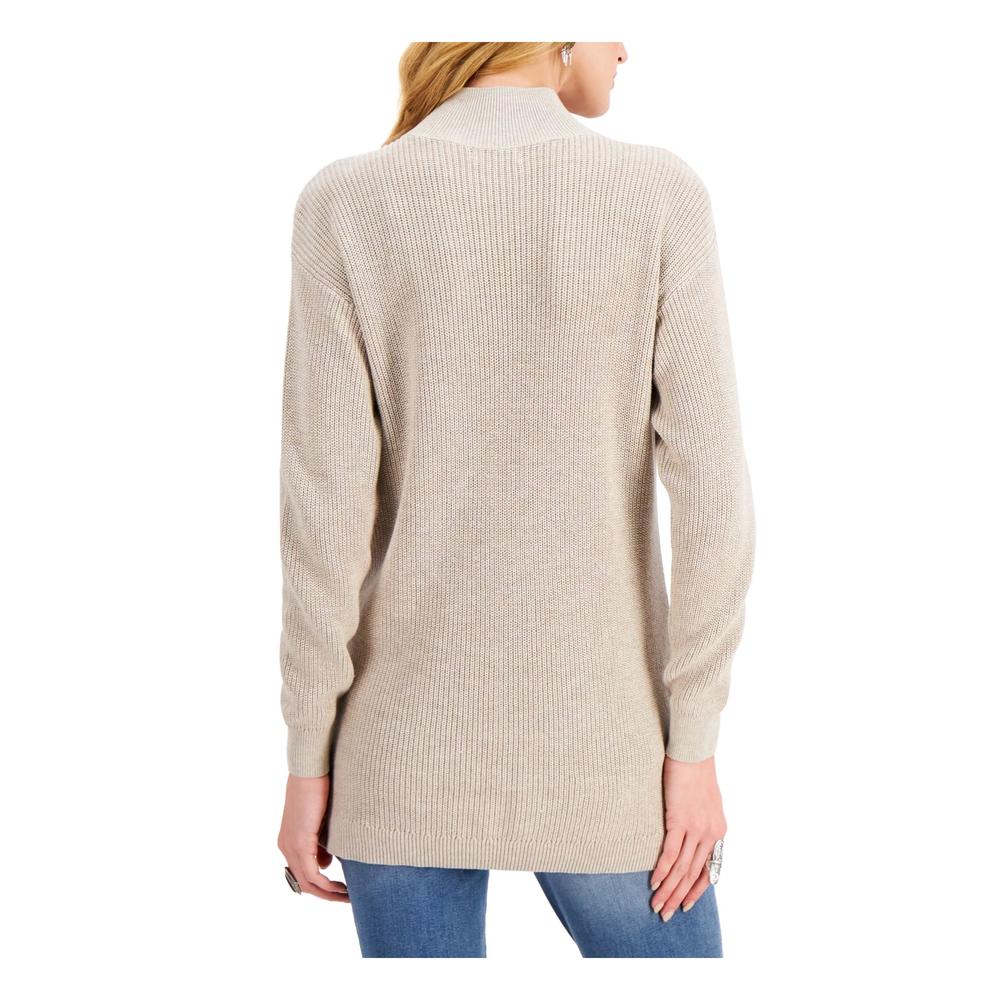STYLE & COMPANY Womens Beige Ribbed Relaxed Fit Slitted Step Hem Long Sleeve Mock Neck Wear To Work Sweater Petites PL