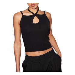 LNA CLOTHING Womens Black Stretch Ribbed Fitted Crop Crossover Keyhole Halter Spaghetti Strap Tank Top XS