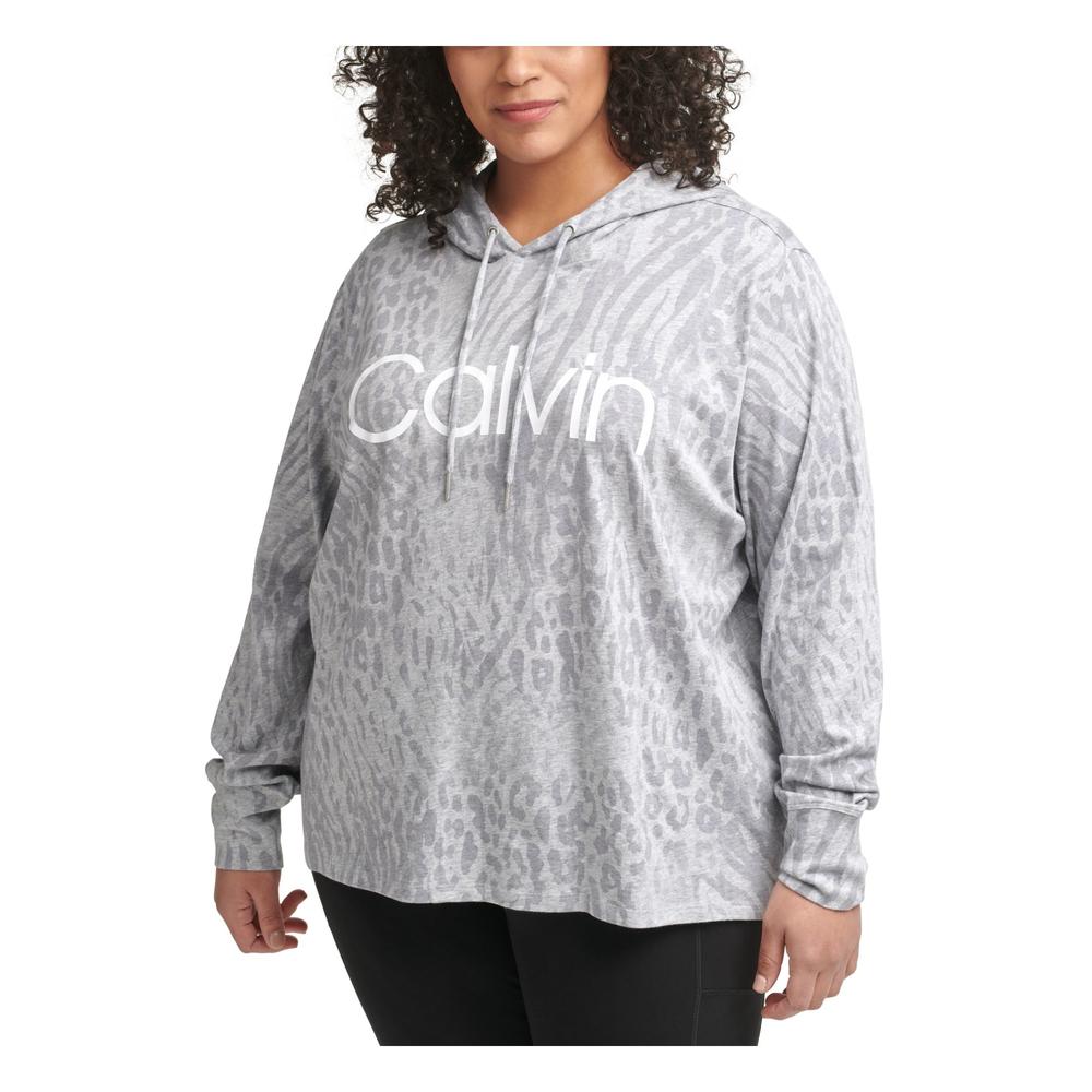 Calvin Klein CALVIN KLEIN PERFORMANCE Womens Gray Tie Relaxed Fit Logo  Graphic Long Sleeve Hoodie Top Plus 3X