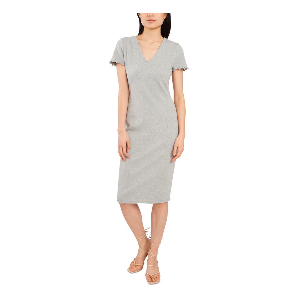 RILEY&RAE Womens Gray Stretch Ribbed Pullover Short Sleeve V Neck Below The Knee Body Con Dress S