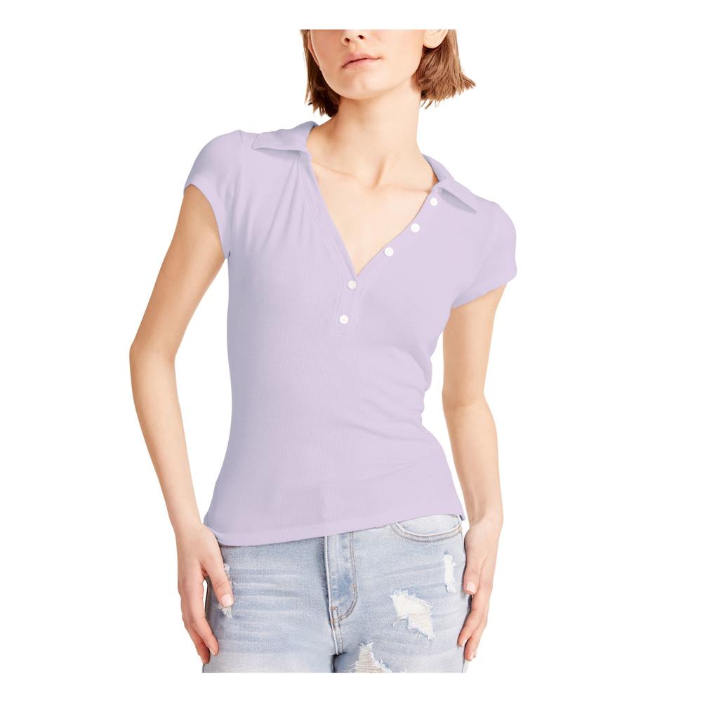 Steve Madden MADDEN GIRL Womens Purple Stretch Ribbed Button Short Sleeve Collared T-Shirt Juniors XXL