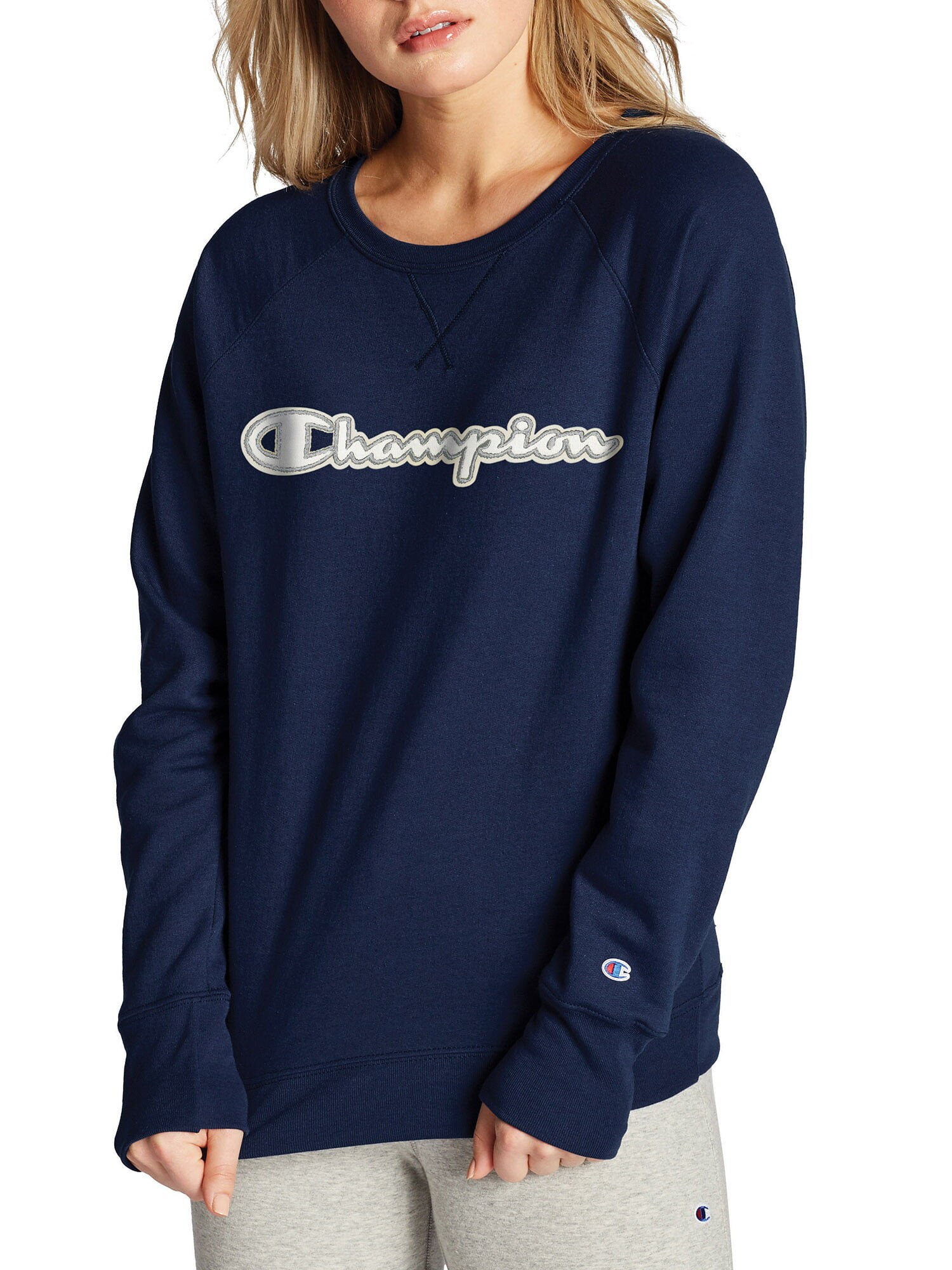 Champion CHAMPION Womens Navy Fleece Ribbed Long Sleeve Crew Neck Sweater M