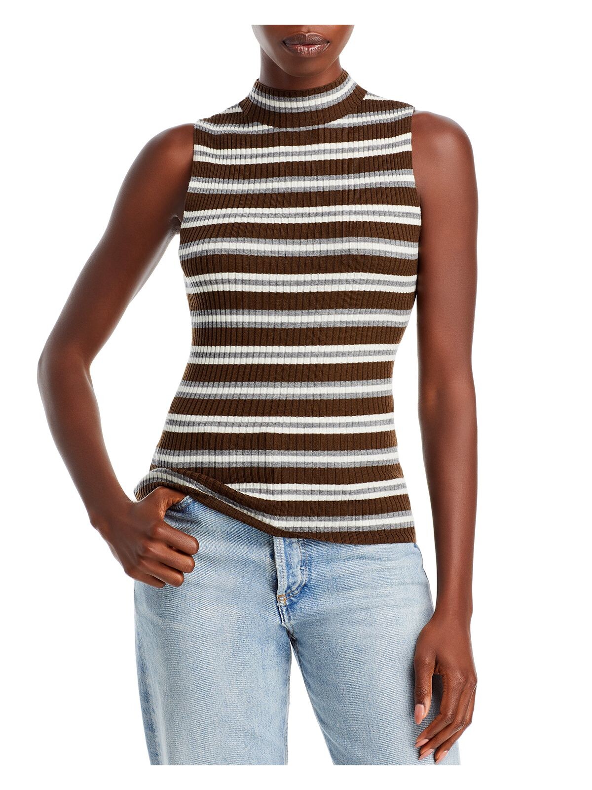 THEORY Womens Brown Ribbed Striped Sleeveless Mock Neck Sweater S