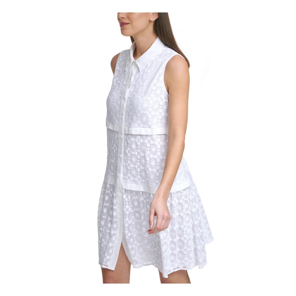 DKNY Womens Ivory Lace Tiered Button Closure Sleeveless Point Collar Above The Knee Cocktail Shirt Dress 14