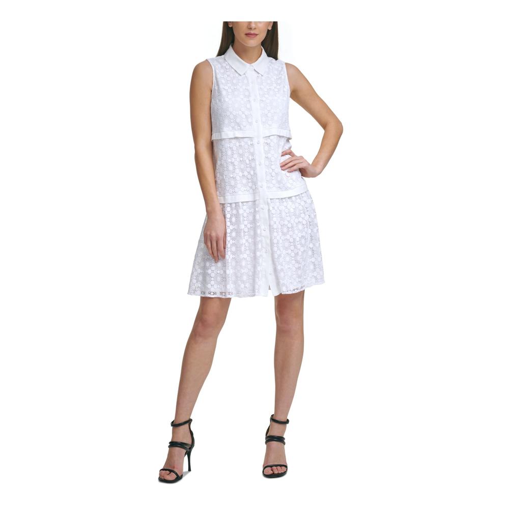 DKNY Womens Ivory Lace Tiered Button Closure Sleeveless Point Collar Above The Knee Cocktail Shirt Dress 14