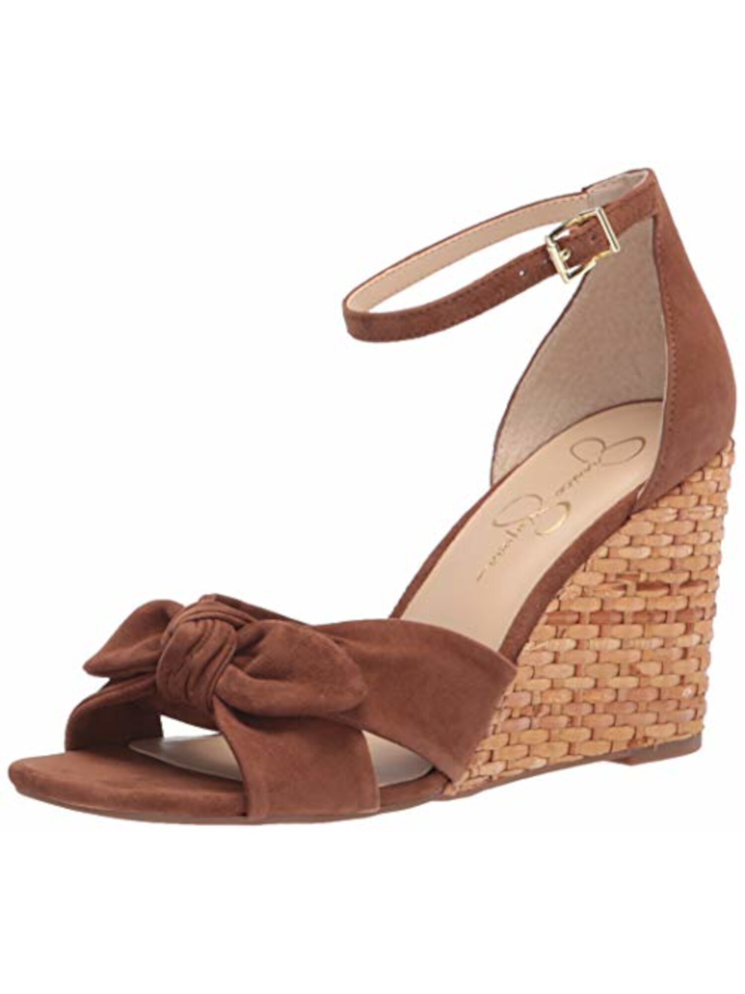 JESSICA SIMPSON Womens Brown Woven Wedge Bow Accent Ankle Strap Delirah Square Toe Wedge Buckle Leather Dress Sandals Shoes 11 M