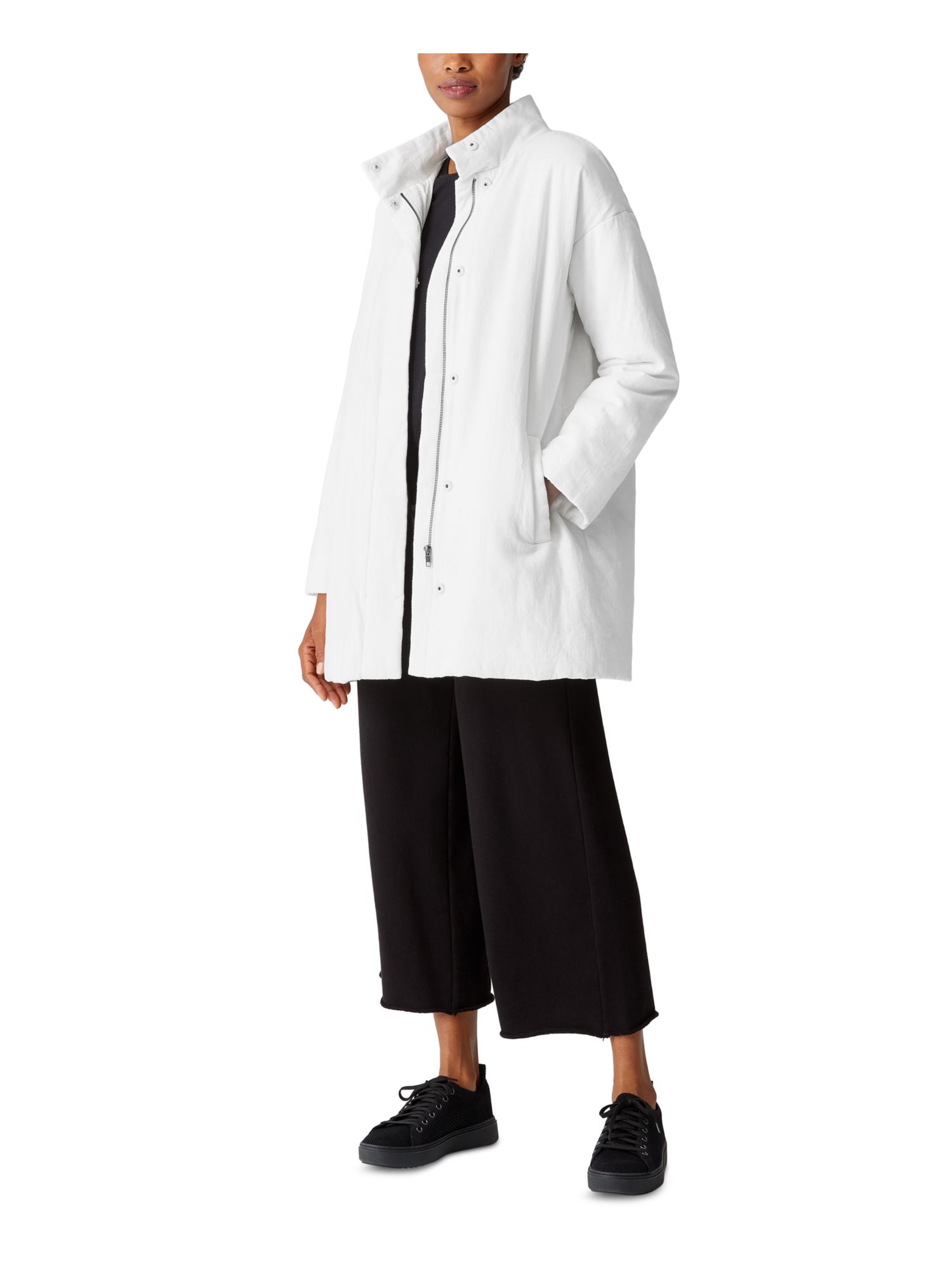 EILEEN FISHER Womens White Pocketed Stand Collar Snap Front Zip Up Winter Jacket Coat M