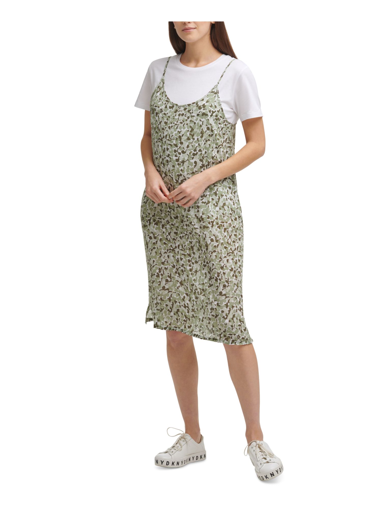 Dkny Jeans Womens Green Printed Short Sleeve Crew Neck Below The Knee Shift Dress