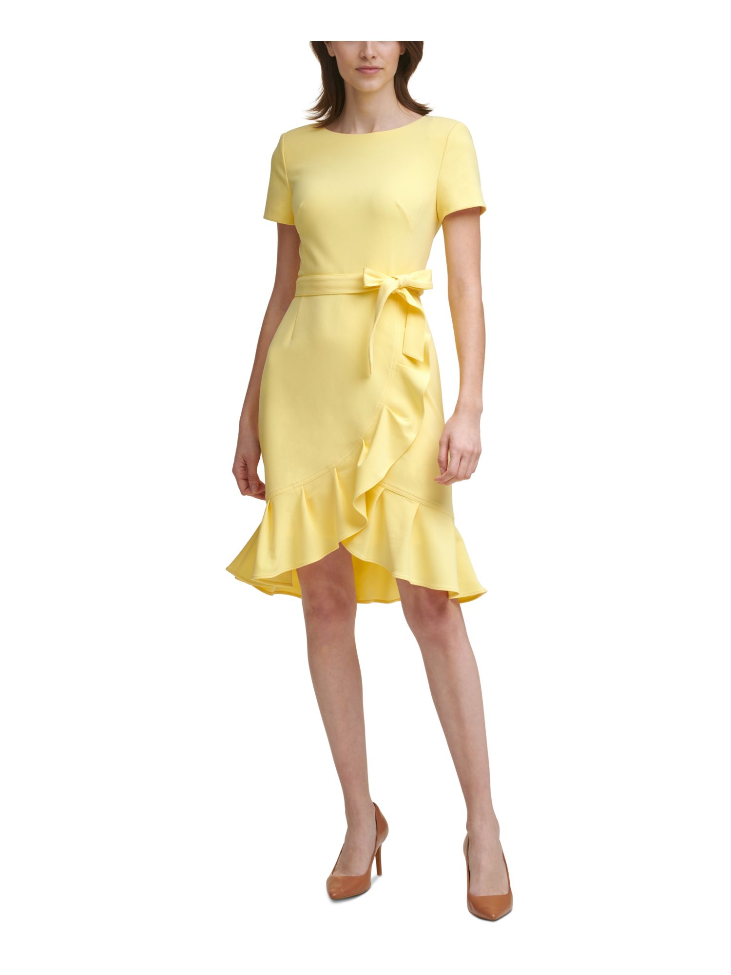 CALVIN KLEIN Womens Yellow Stretch Zippered Ruffled Short Sleeve Round Neck Knee Length Party Sheath Dress Petites 12P