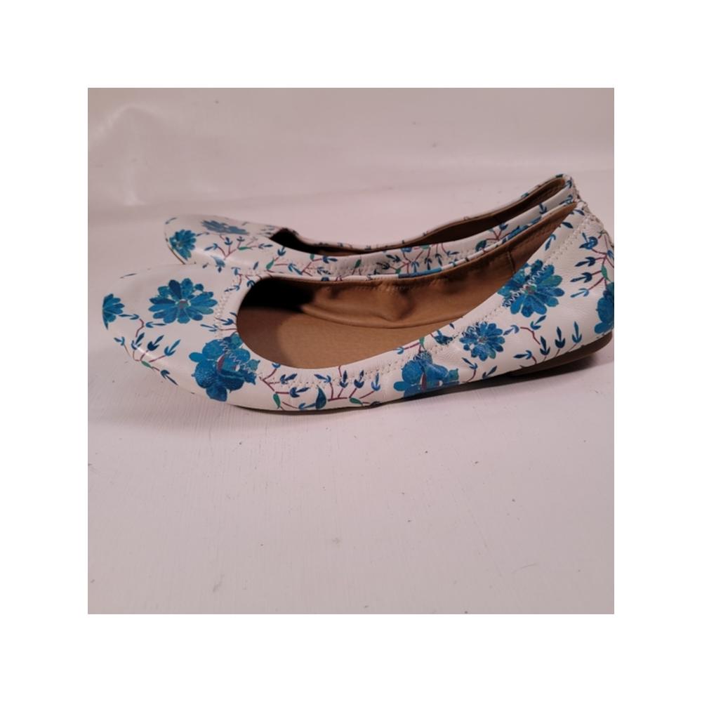 LUCKY BRAND Womens White Floral Cushioned Stretch Emmie Round Toe Slip On Leather Ballet Flats 8.5 M
