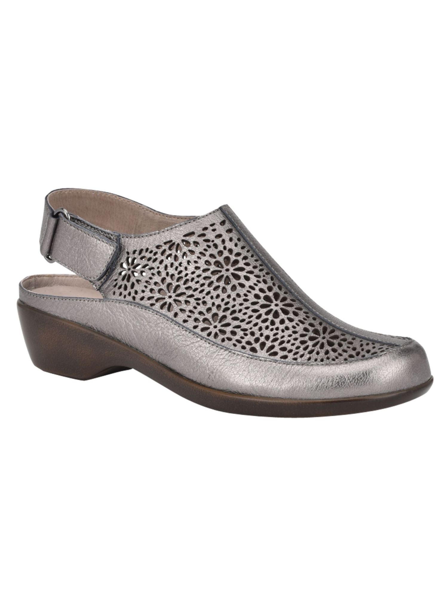 EASY SPIRIT Womens Silver Perforated Slingback Breathable Arch Support Cushioned Dawn Wedge Leather Clogs 10 W