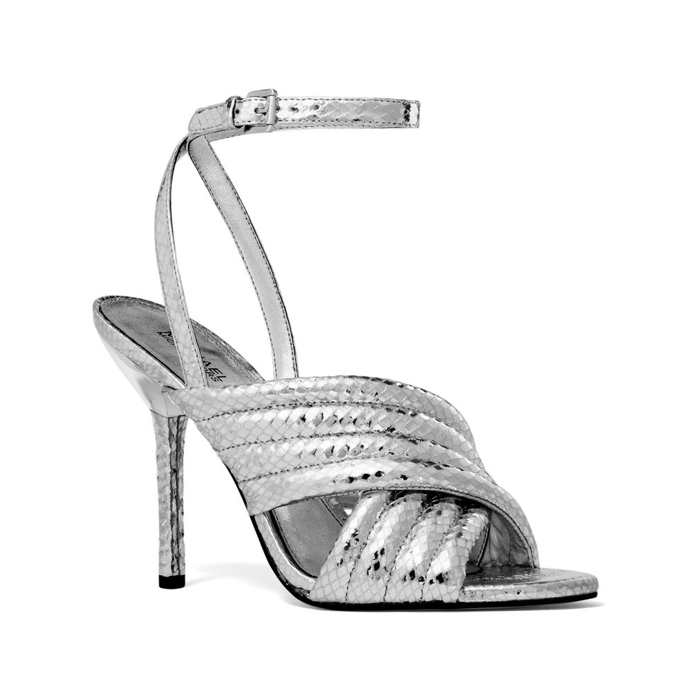 MICHAEL KORS Womens Silver Scale Royce Round Toe Stiletto Leather Sandals 7 M