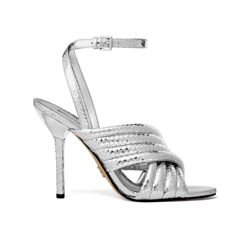 MICHAEL KORS Womens Silver Scale Royce Round Toe Stiletto Leather Sandals 7 M