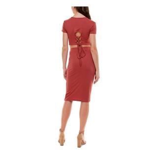 Almost Famous Womens Coral Ribbed Lace Up Back Cutout Short Sleeve Crew Neck Midi Party Pencil Dress Almost Famous Womens Coral Ribbed Lace Up Back Cutout Short Sleeve Crew Neck Midi Party Pencil Dress