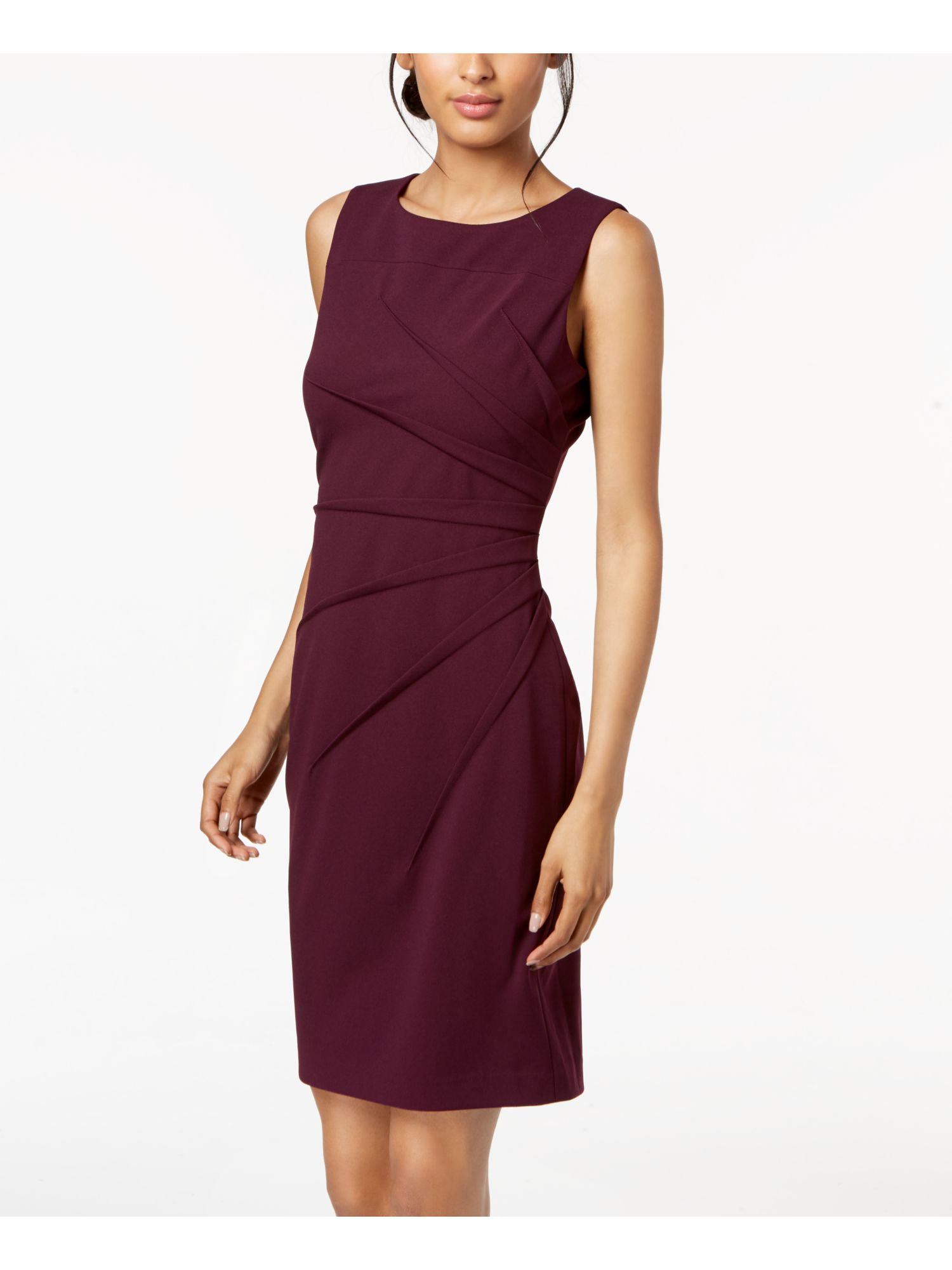 Calvin Klein CALVIN KLEIN Womens Purple Pleated Sunburst Sleeveless Scoop Neck Above The Knee Wear To Work Sheath Dress Petites 4P Calvin Klein CALVIN KLEIN Womens Purple Pleated Sunburst Sleeveless Scoop Neck Above The Knee Wear To Work Sheath Dress Petites 4P