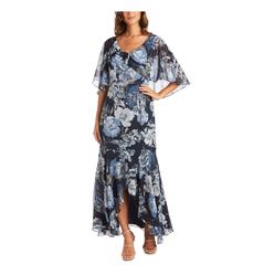 R&M RICHARDS Womens Navy Zippered Rhinestone High-low Floral Elbow Sleeve V Neck Maxi Evening Dress Petites 10P