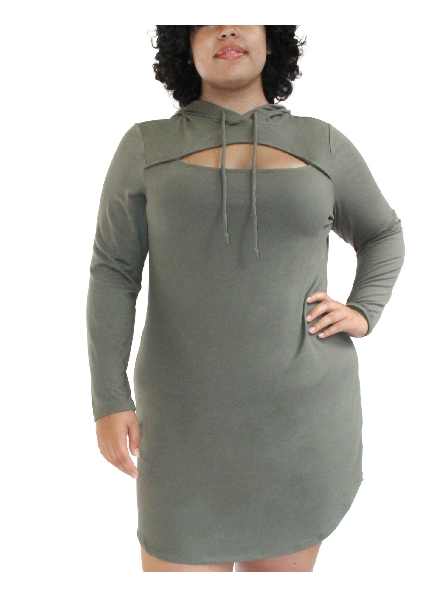 Almost Famous Womens Green Stretch Cut Out Drawstring Hoodie Pullover Long Sleeve Short Sheath Dress Plus 2X