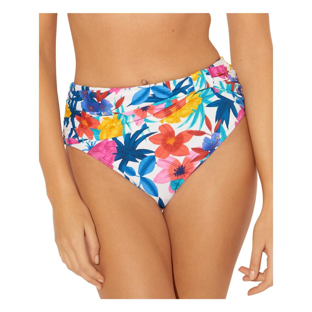 BLEU Women's White Floral Stretch Draped Lined Full Coverage High Waisted Swimsuit Bottom 12