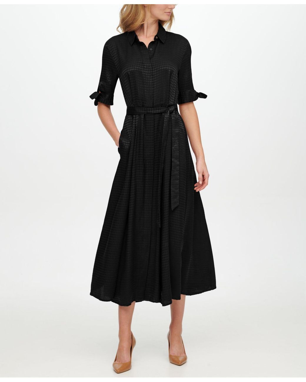 Calvin Klein CALVIN KLEIN Womens Black Tie Button Front Removable Belt Midi  Dress 4