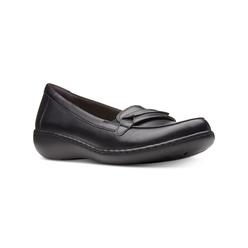 CLARKS Womens Black Cushioned Ashland Lily Round Toe Wedge Slip On Leather Loafers 7 N