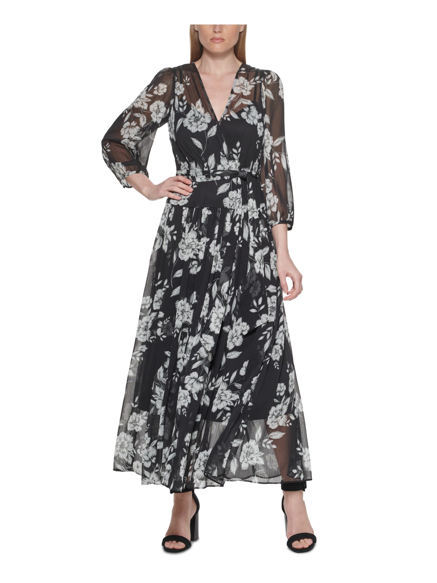 Calvin Klein CALVIN KLEIN Womens Black Chiffon Blouson Sleeve Maxi Faux  Wrap Dress 4