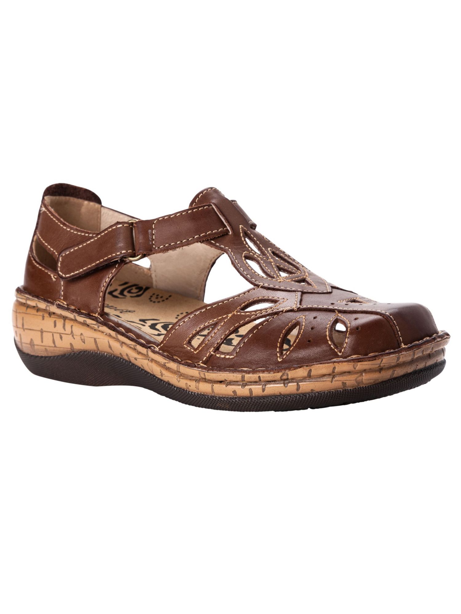 PROPET Womens Brown Contrast Stitching Cut-Out Detail Non-Slip Comfort Sandal Round Toe Wedge Leather Flats 11 M