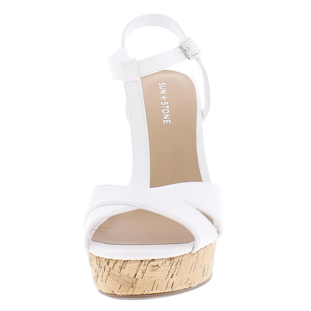 Sun + Stone SUN STONE Womens White 1" Platform Cushioned Slip Resistant Jamie Round Toe Block Heel Buckle Dress Slingback Sandal 9 M