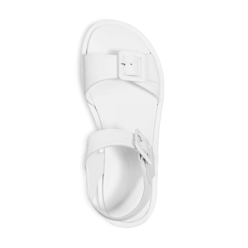 KENDALL + KYLIE Womens White Treaded Sole Ankle Strap Buckle Accent Wave Round Toe Wedge Buckle Leather Sandals Shoes 5.5 M