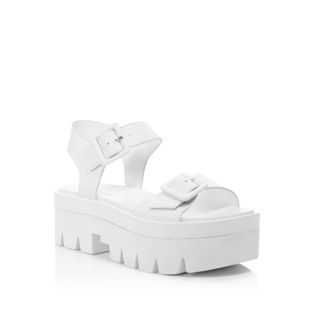 KENDALL + KYLIE Womens White Treaded Sole Ankle Strap Buckle Accent Wave Round Toe Wedge Buckle Leather Sandals Shoes 6.5 M
