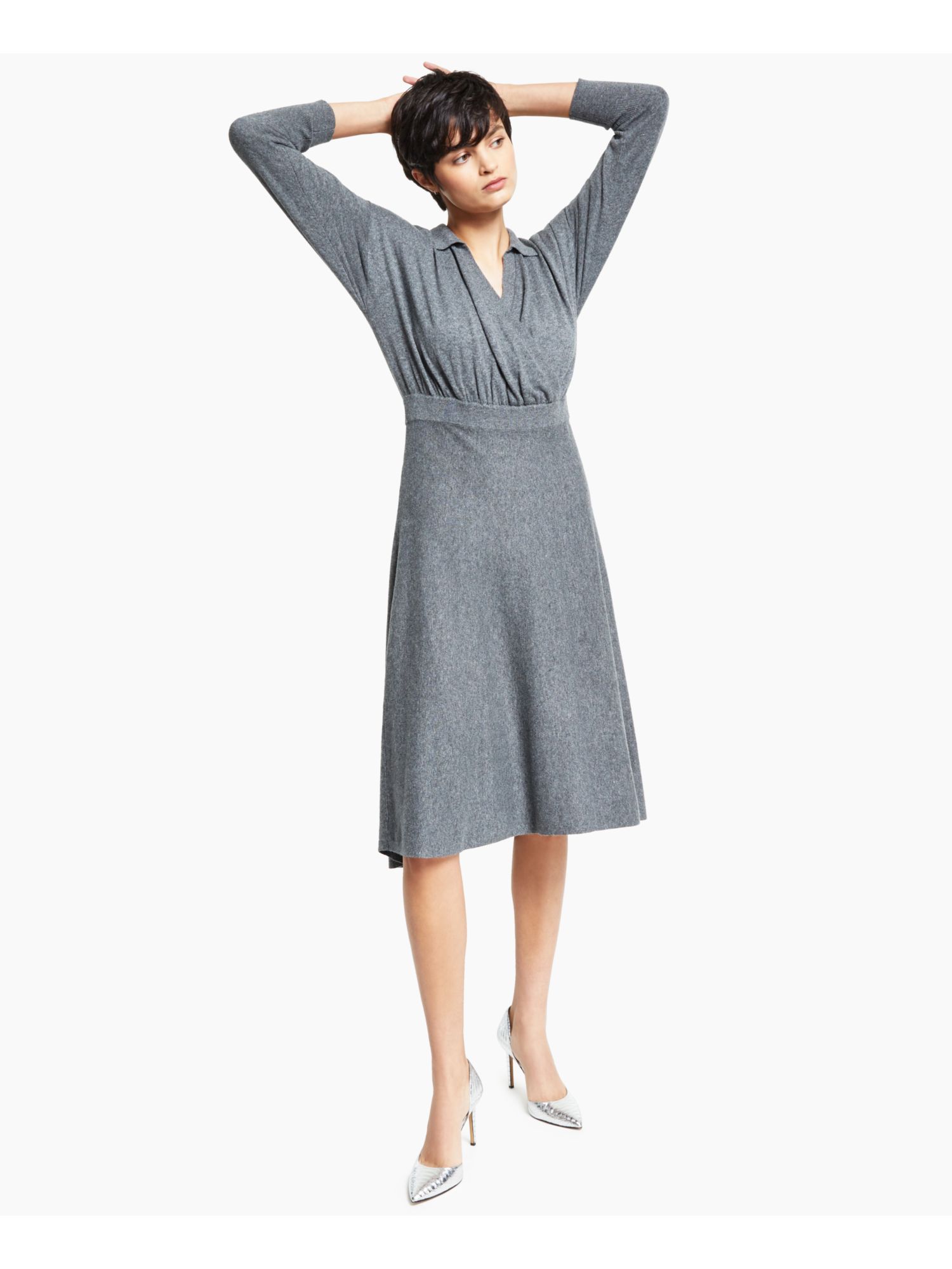 ALFANI Womens Gray Elastic Long Sleeve Knee Length Sheath Dress Petites PM